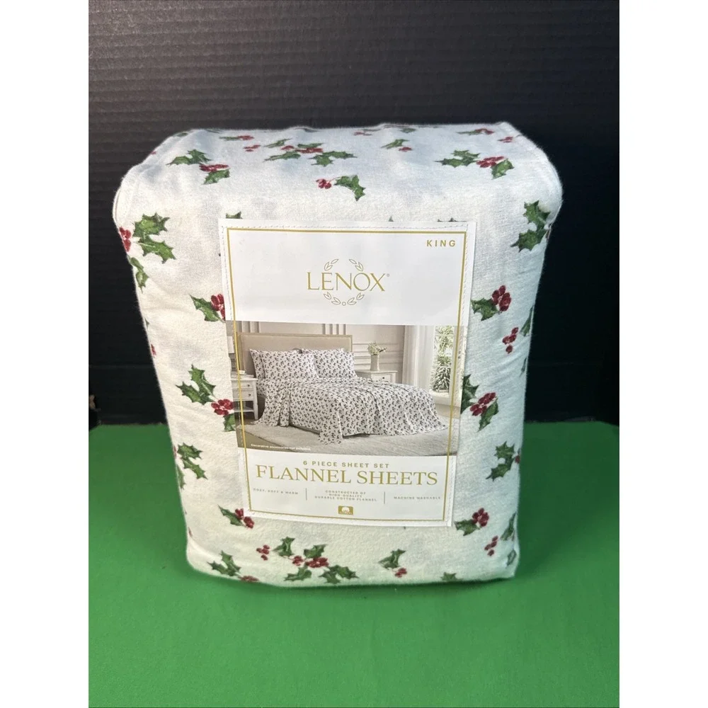 Lenox 6 Piece Flannel Sheet Set King Holly Green 100% Cotton Holiday Bedding
